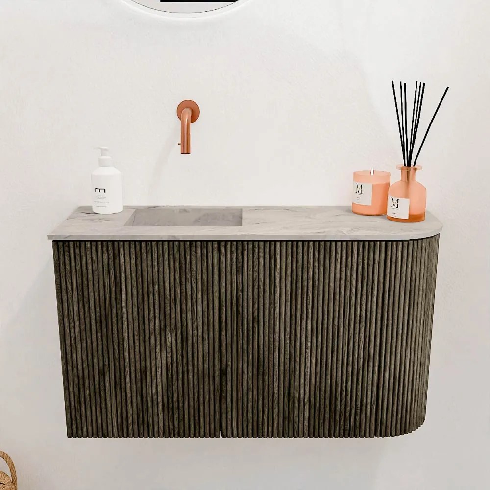 Mondiaz Joya DLux 70cm toiletmeubel ronding rechts shadow met wastafel faye links zonder kraangat glace