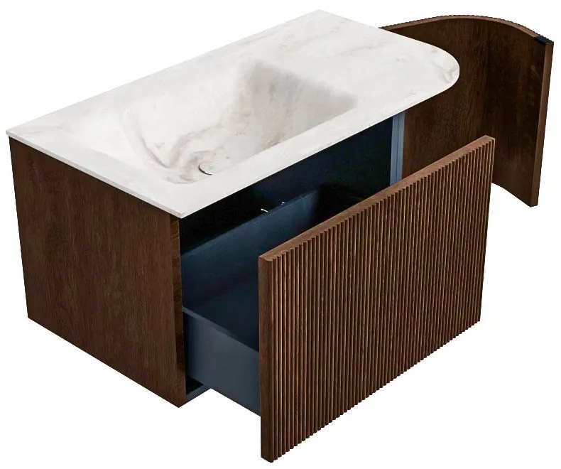 Mondiaz Kurve-dlux 85cm badmeubel ronding rechts walnut met 1 lade en deur en wastafel cloud kraangat links frappe