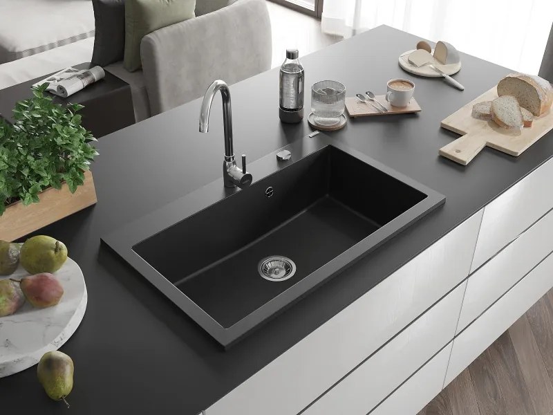 Mexen Elix granieten gootsteen 1-comparteer 800 x 500 mm, zwart, sifon chroom - 6527801005-77