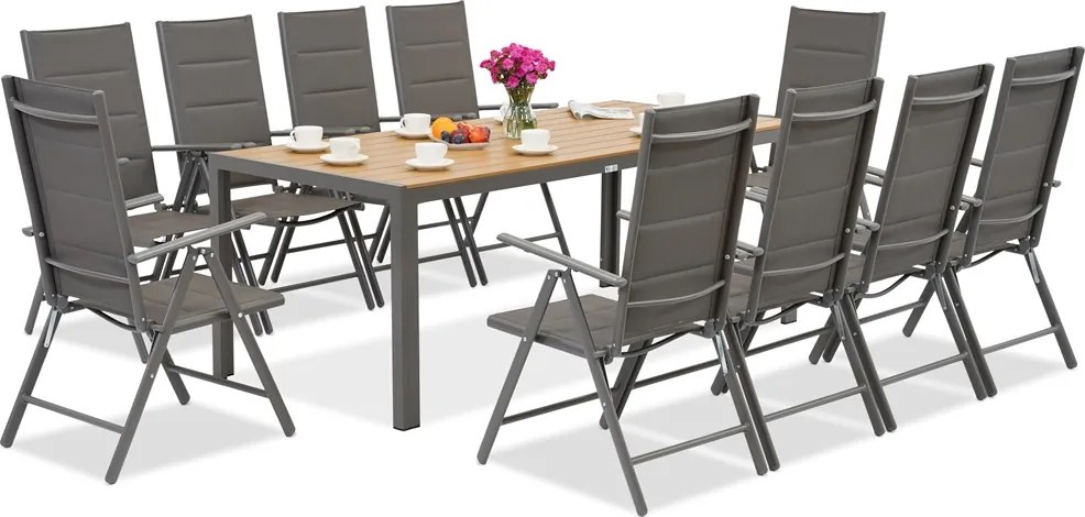 Aluminium tuinmeubelen met klaptafel 180/240 cm Verona Wood voor 10 personen Garden Point grijs