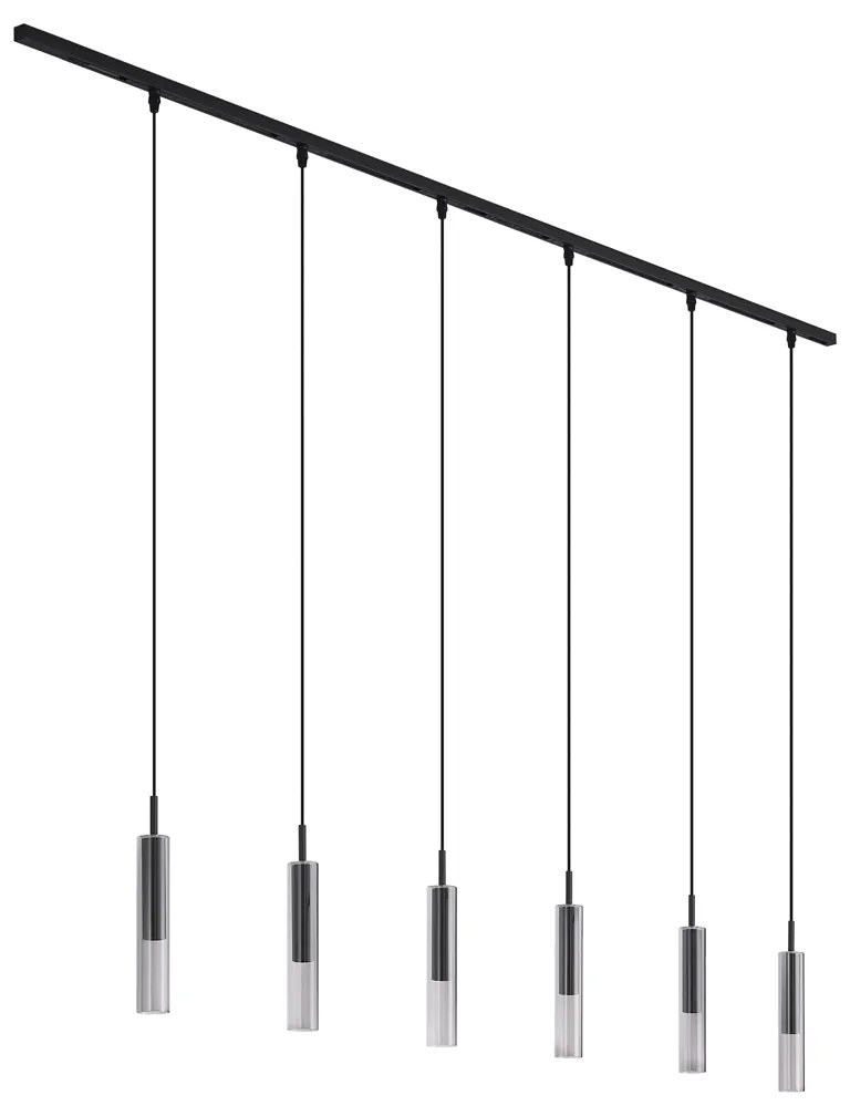Modern railsysteem zwart met 6 hanglampen zwart met smoke glas 1-fase - Slimline Loyce