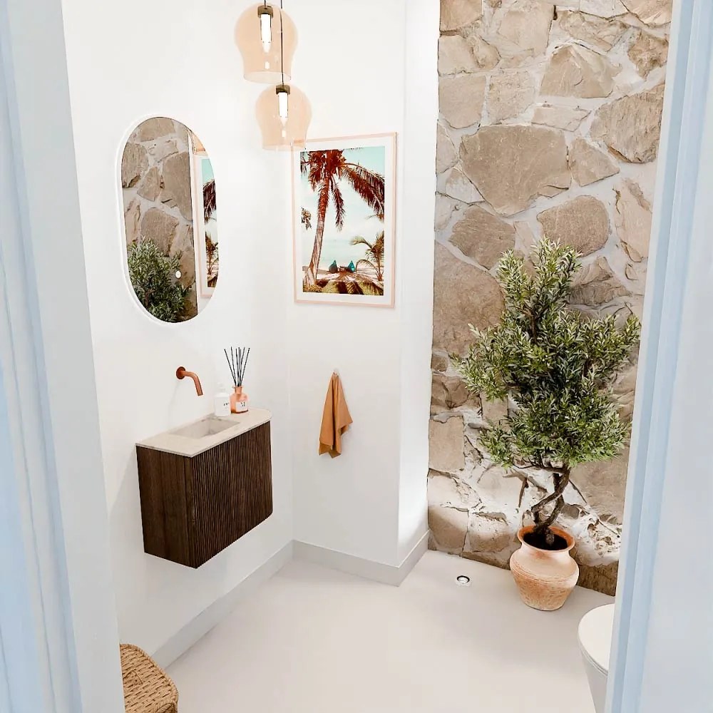 Mondiaz Joya DLux 50cm toiletmeubel ronding rechts walnut met wastafel faye links zonder kraangat frappe