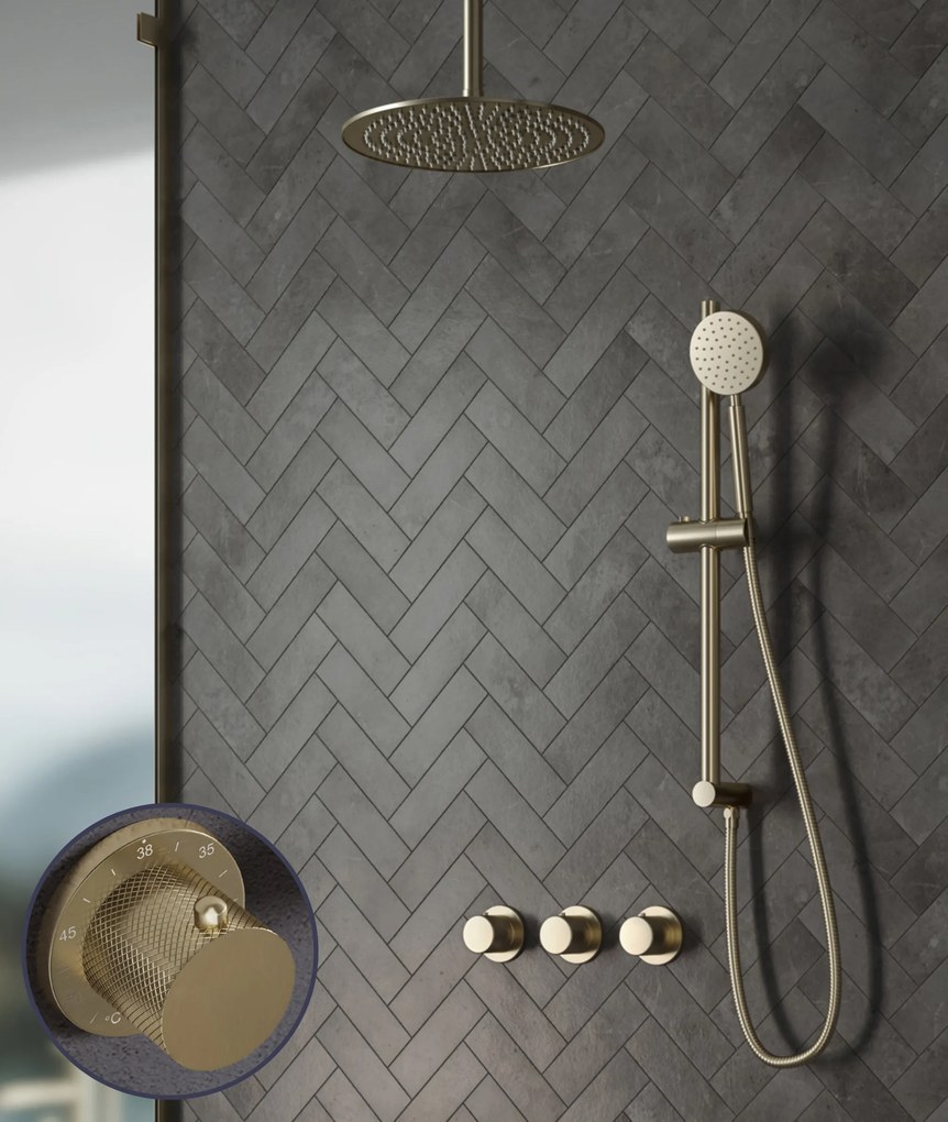 Saniclear Plus Curved inbouw regendouche met 20cm hoofddouche, plafondarm en glijstang geborsteld messing - mat goud