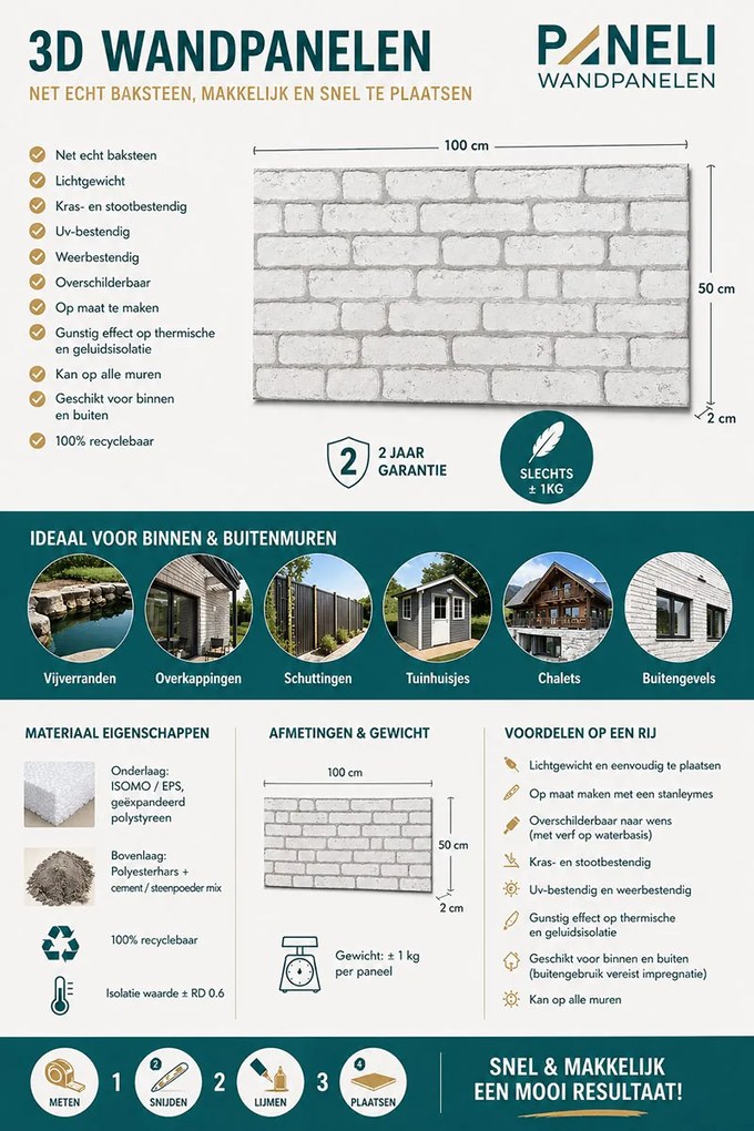 3D Wandpaneel EPS Wit Gevelsteen 100x50x2cm | Paneli 3d wandpanelen