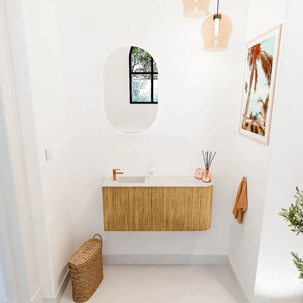 Mondiaz Joya DLux 90cm toiletmeubel ronding rechts oak met wastafel faye links 1 kraangat meli