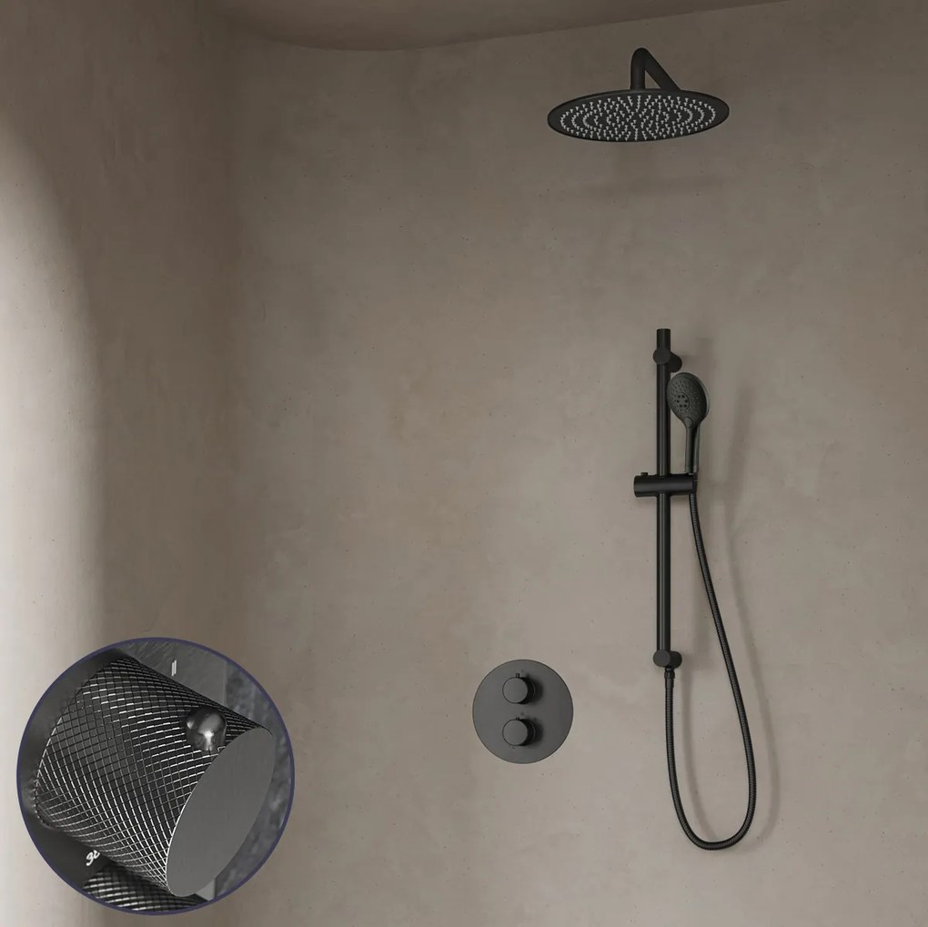 Saniclear Iron Curved inbouw regendouche rond met 20cm hoofddouche, muurarm, 2 standen handdouche en glijstang verouderd ijzer - gunmetal
