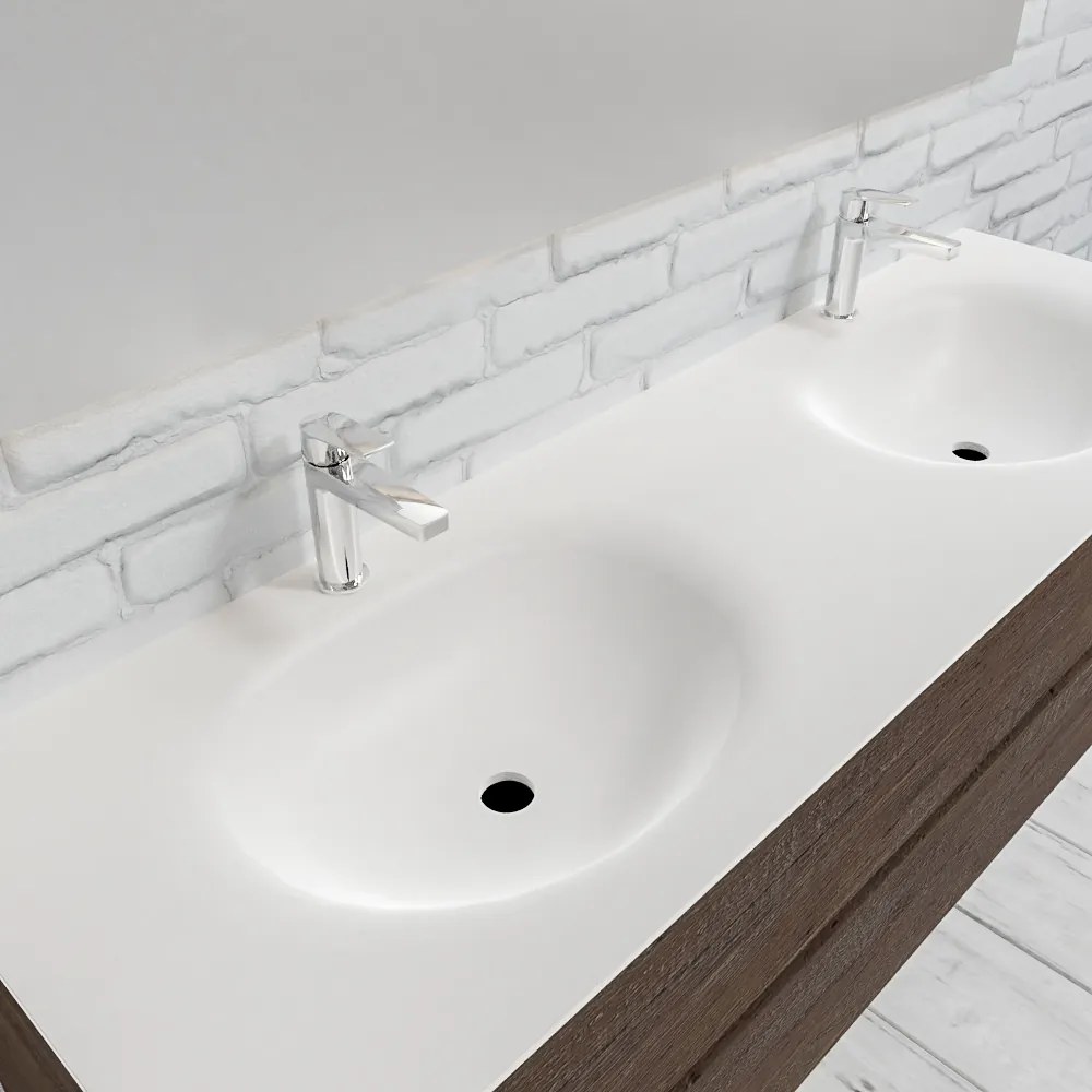 Zaro Sevilla Solid Surface badmeubel 150cm donker eiken 2 kraangaten dubbele spoelbak met 2 lades