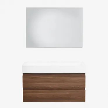 Ona Zwevend Badkamermeubelset Van Hout En Essenfineer Met Geïntegreerde Wastafel Donker Hout & Rechthoekige Led En Anticondens 100x70 Cm Riben - Sklum