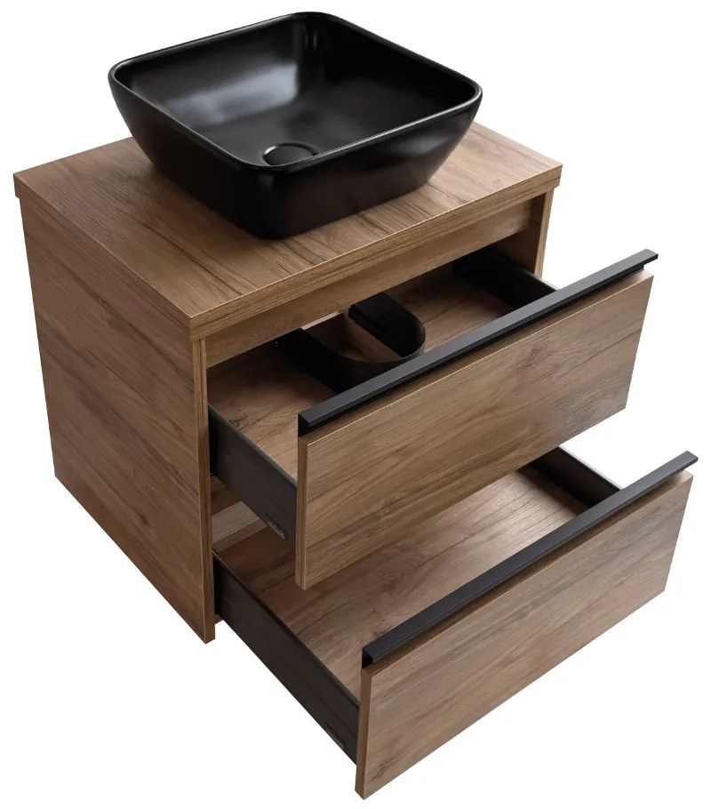 Sanicare Arda badkamermeubel 65cm diveria oak met zwarte waskom 40x40cm