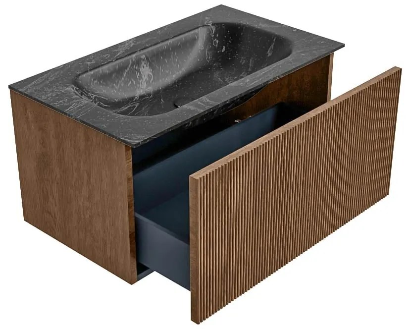 Mondiaz Kurve-dlux 80cm badmeubel walnut met 1 lade en wastafel big small midden 1 kraangat lava
