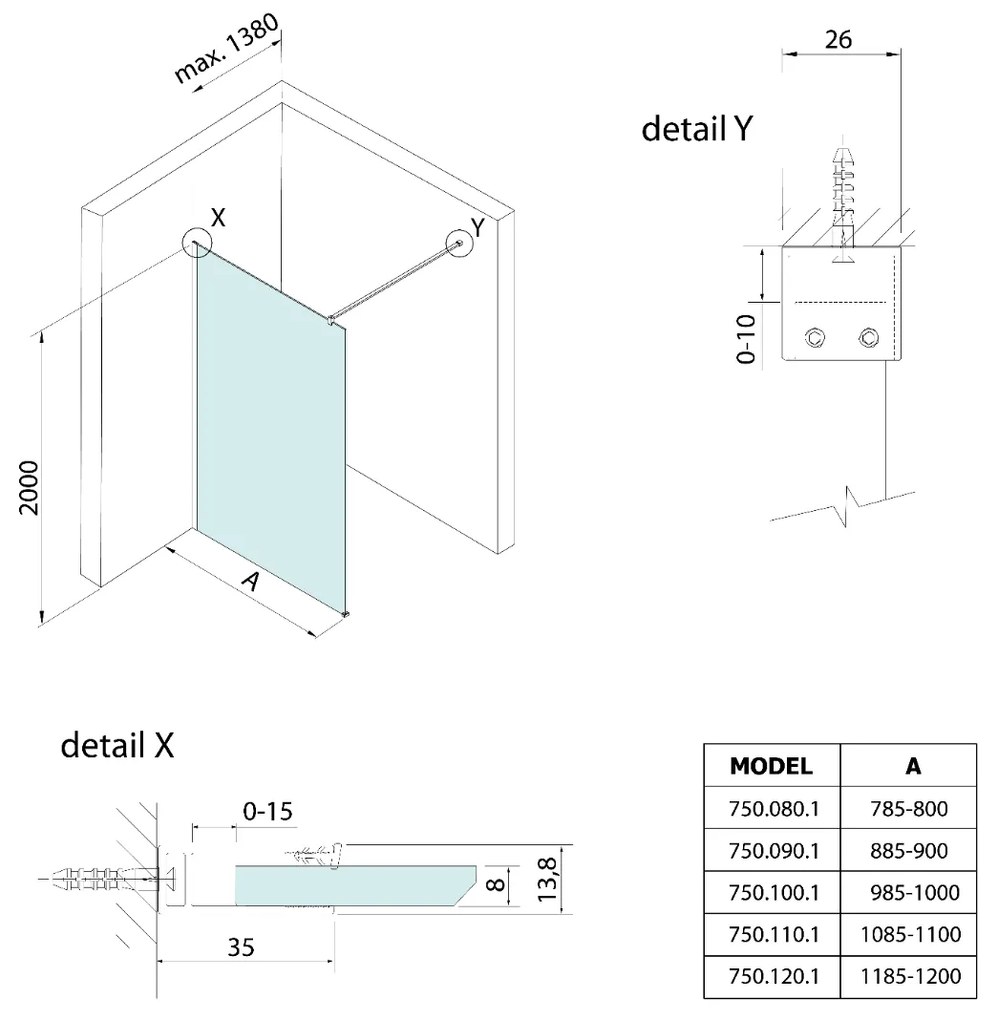 Bruckner Spitza douchewand 90x200 chroom