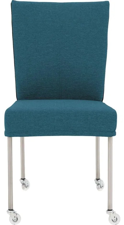 Goossens Eetkamerstoel Funk RVS Poten blauw stof leuning en Transparant skater wiel met rvs kapmet wielen, modern design