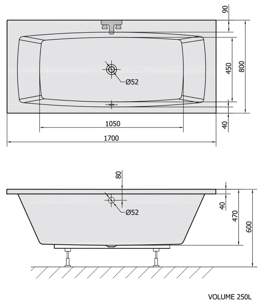 Polysan Kvadra ligbad 170x80x47cm wit