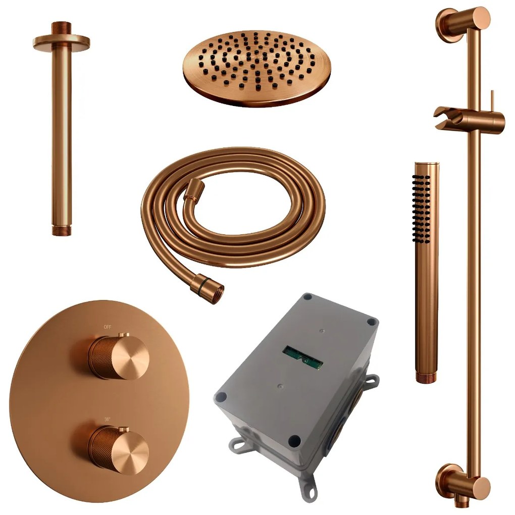 Brauer Copper Carving thermostatische inbouw regendouche met staafhanddouche, plafondarm, glijstang en hoofddouche 20cm set 89 koper geborsteld PVD