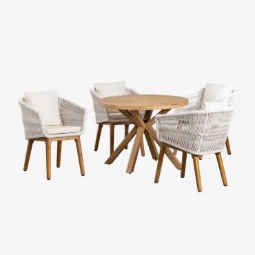 Set Van Een Ronde Tafel Ø100 Cm In Naele Hout En 4 Eetkamerstoelen In Acaciahout Barker Gardenia Wit - Sklum