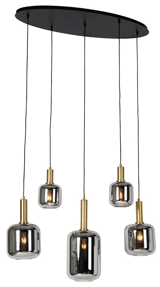 Eettafel / Eetkamer Hanglamp zwart met goud en smoke glas ovaal 5-lichts - Zuzanna Modern E27 Binnenverlichting Lamp