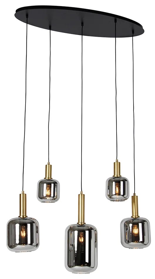 Eettafel / Eetkamer Smart hanglamp zwart met goud en smoke glas ovaal 5-lichts incl. 5 Wifi G95 - Zuzanna E27 bol / globe / rond Binnenverlichting Lamp