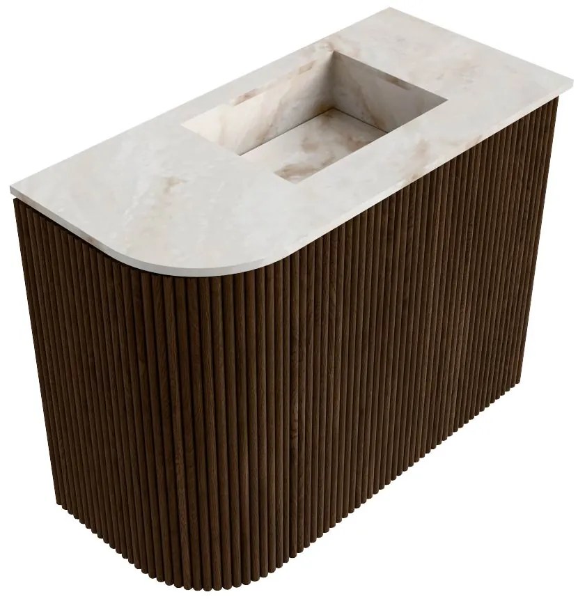 Mondiaz Joya DLux 50cm toiletmeubel ronding links walnut met wastafel faye rechts zonder kraangat frappe
