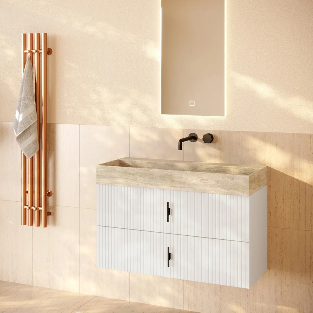 Muebles Murcia badmeubel ribbelfront 100cm wit mat met White Travertin wastafel zonder kraangat