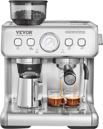 VEVOR Espressomachine met maalwerk, 15 bar semi-automatische espressomachine met melkopschuimer, stoompijpje, uitneembaar waterreservoir en drukmeter voor cappuccino, latte, machiato
