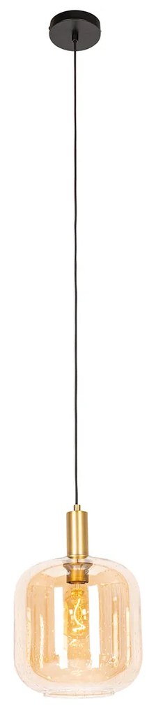 Smart hanglamp zwart met messing en amber glas incl. Wifi G995 - Zuzanna Design E27 bol / globe / rond Binnenverlichting Lamp