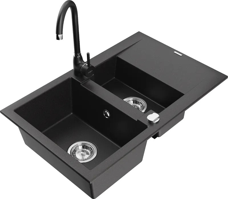 Mexen Gaspar granit spoelbak 1,5-komor met afdruiprek en keukenkraan Telma, zwart - 6507-77-670200-70