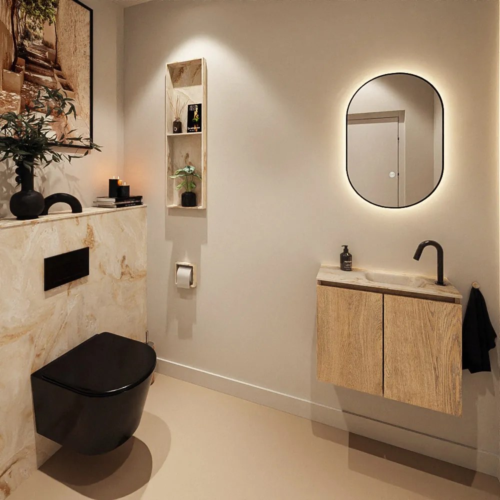 Mondiaz Ture DLux toiletmeubel 60cm washed oak met wastafel frappe rechts met kraangat