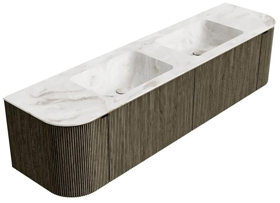 Mondiaz Kurve-dlux 180cm badmeubel ronding links/rechts shadow met 2 lades en deuren en wastafel leaf dubbel 2 kraangaten frappe