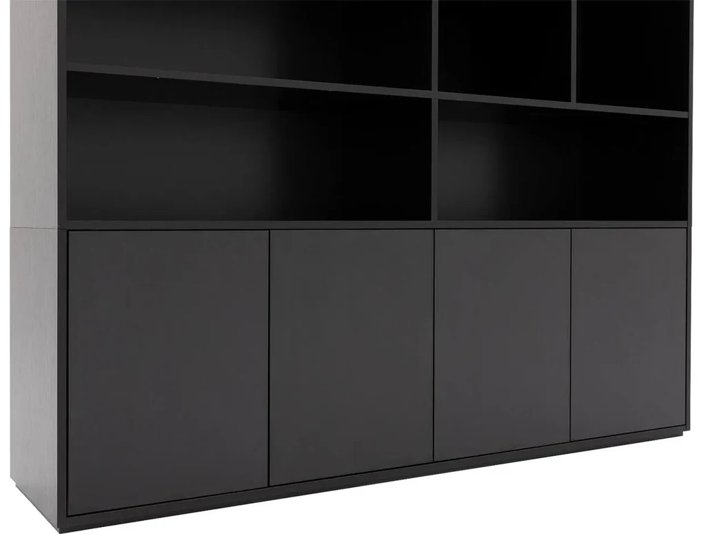Goossens Basic Buffetkast Madrid, 4 dichte deuren 8 open vakken, zwart melamine, 184 x 191 x 45 cm, elegant chic