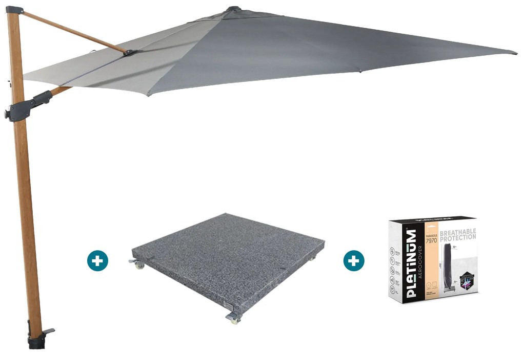 4-Seasons zweefparasol Siesta Premium 300 x 300 - woodlook/charcoal met voet en hoes