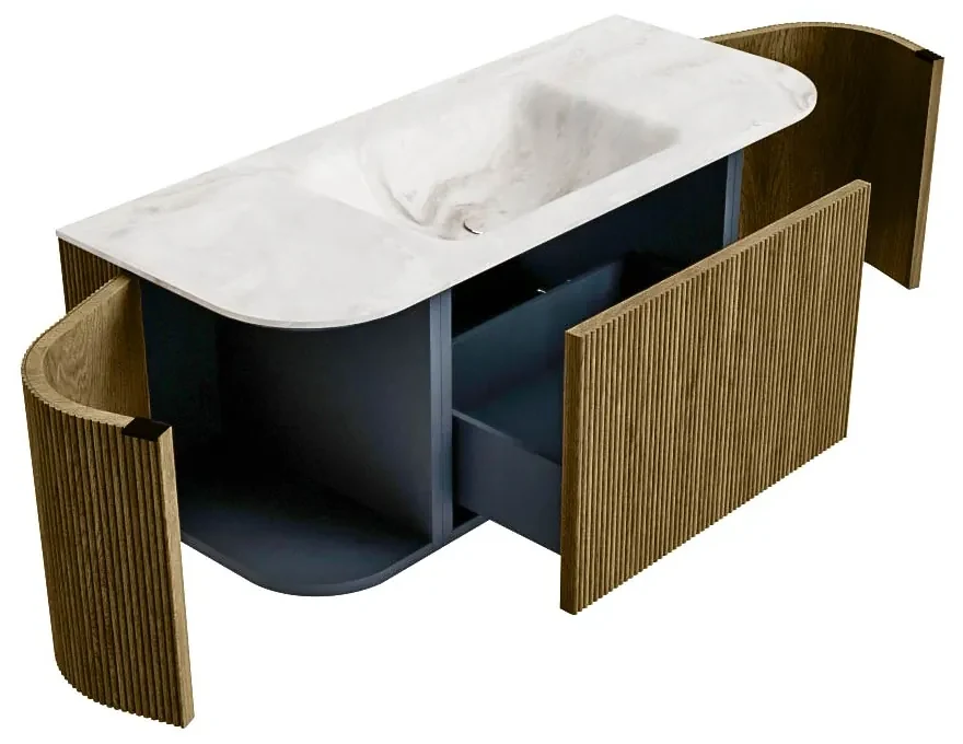 Mondiaz Kurve-dlux 110cm badmeubel ronding links/rechts dusk met 1 lade en 2 deuren en wastafel cloud midden 1 kraangat frappe
