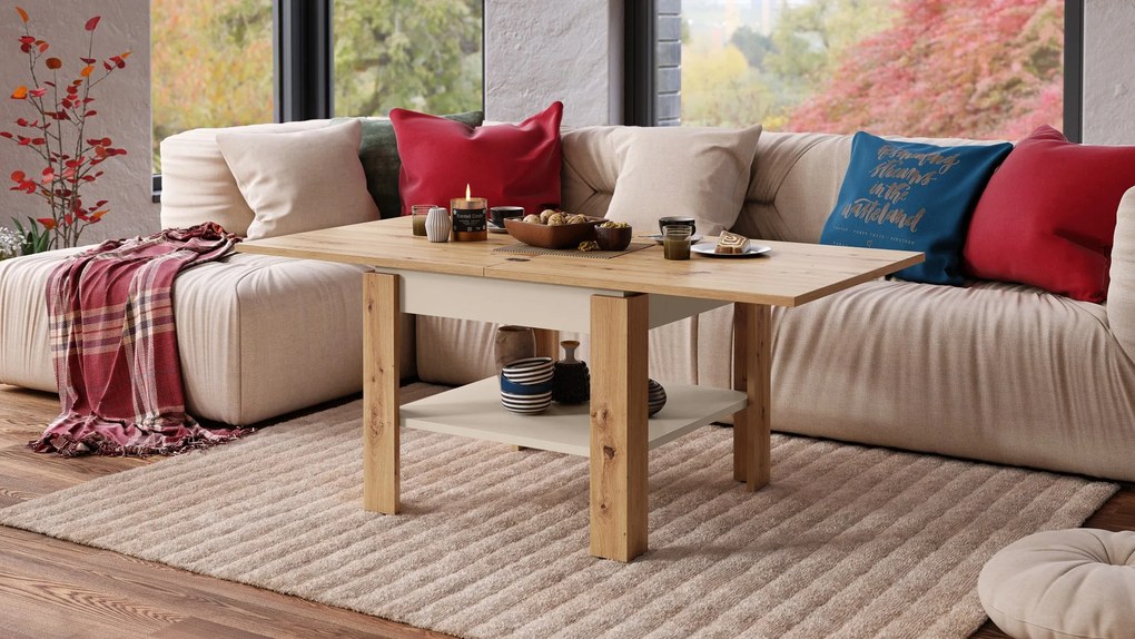 LEO Artisan Eiken / beige - KOFFIETAFEL MET UITKLAPBAAR BLAD