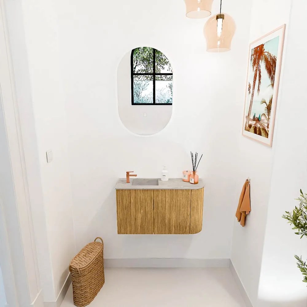 Mondiaz Joya DLux 70cm toiletmeubel ronding rechts oak met wastafel faye links 1 kraangat glace