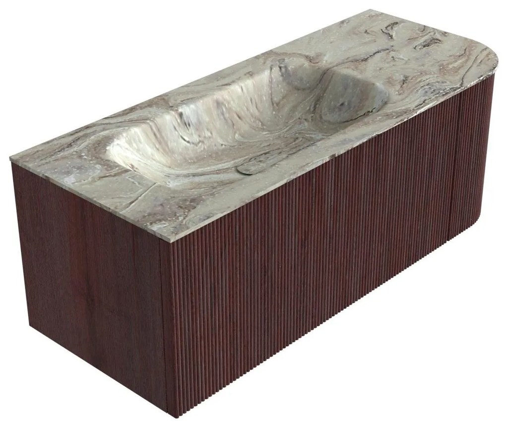Mondiaz Kurve-dlux 115cm badmeubel ronding rechts ruby met 1 lade en deur en wastafel big small links zonder kraangat glace