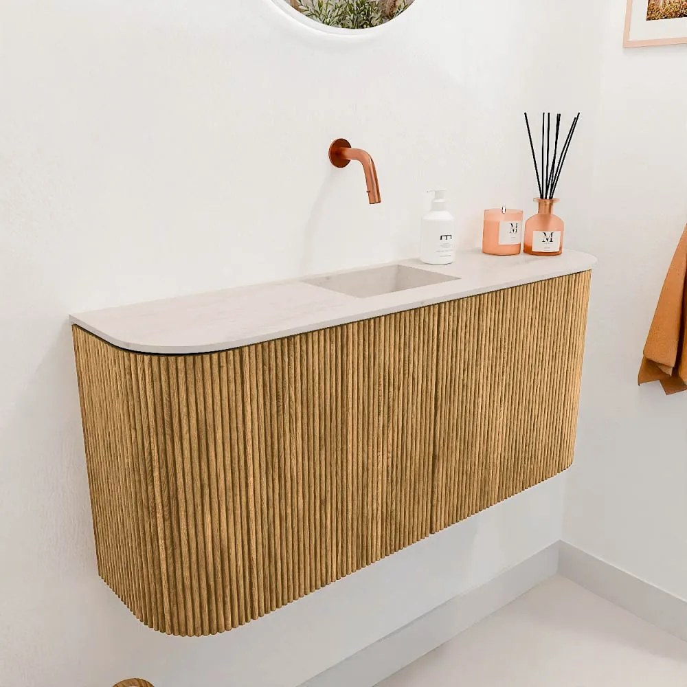 Mondiaz Joya DLux 95cm toiletmeubel ronding links/rechts oak met wastafel faye midden zonder kraangat meli