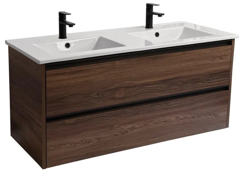 Sanicare Arda badkamermeubel 120cm nera oak met dubbele keramische wastafel wit