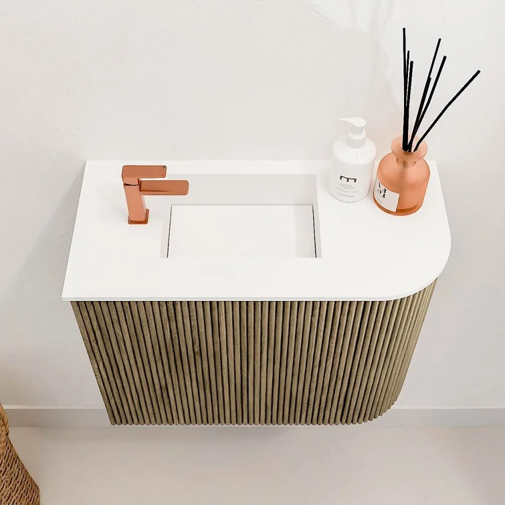 Mondiaz Joya 50cm toiletmeubel ronding rechts dusk met wastafel faye links 1 kraangat talc