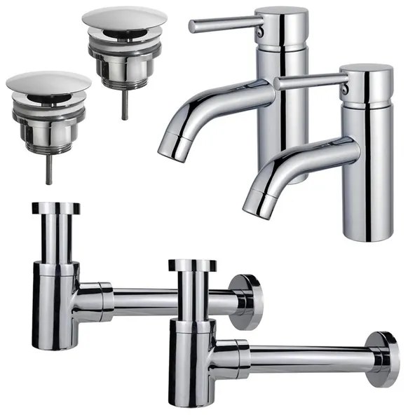 Fortifura Calvi Wastafelkraanset - voor dubbele wastafel - lage wastafelkraan - always open plug - verlaagde design sifon - Chroom 2x SW377810/2x SW696209/2x SW696219