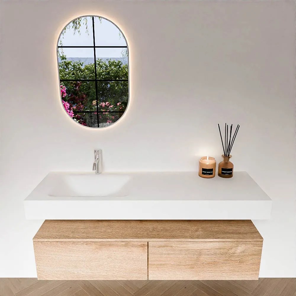 Zaro Alan badmeubel 140cm washed oak 2 lades met vrijhangende wastafel cloud links 1 kraangat talc