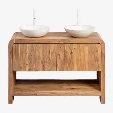 Vacry Houten Badkamermeubelset Acacia Bruin & 2 X Rond Wit Cement Ø40 Cm Zavion & Spiegelloze & ↔︎ 120 Cm & 2 X Wit ↑30 Cm Met Aftapkraa - Sklum