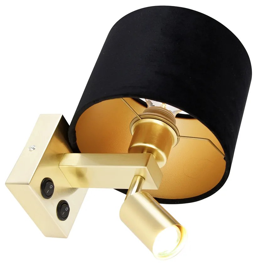 Wandlamp messing met leeslamp en kap 18 cm zwart - Brescia