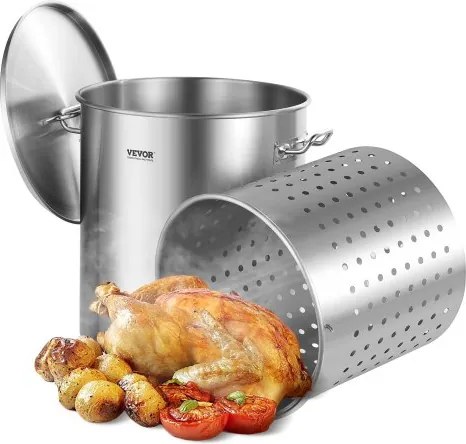 VEVOR RVS soeppan, 60,5L grote pan, kookgerei steelpan met mand, deksel en handvat, soeppan van commerciële kwaliteit, schuurbehandeling, voor evenementen met grote groepen