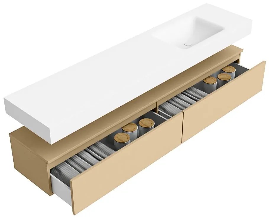 Zaro Alan badmeubel 200cm sand met 2 lades en vrijhangende wastafel rechts met kraangat wit mat