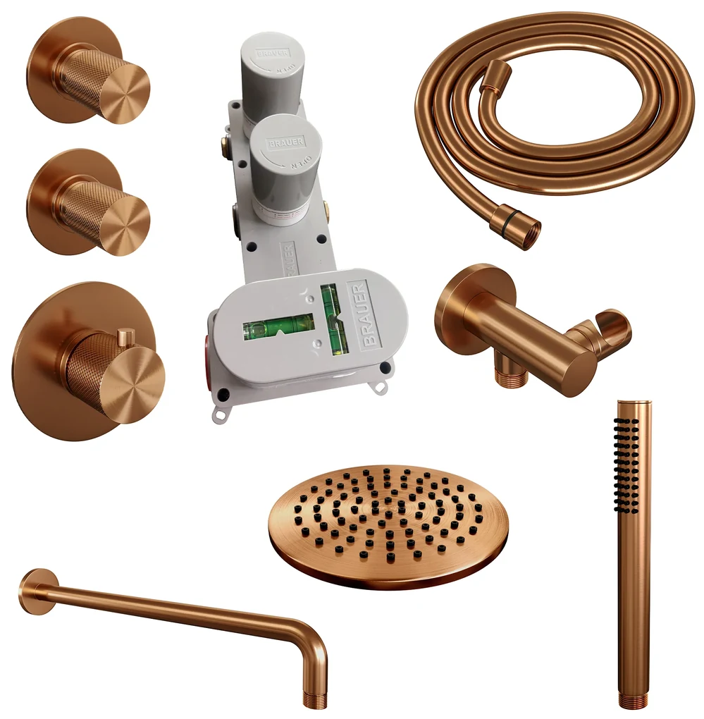 Brauer Copper Carving complete inbouw regendouche set 03 met 20cm douchekop, gebogen muurarm en staafhanddouche geborsteld koper PVD