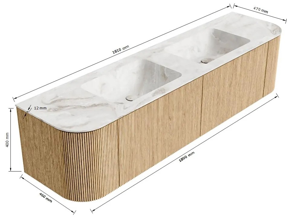 Mondiaz Kurve-dlux 180cm badmeubel ronding links/rechts ruby met 2 lades en deuren en wastafel leaf dubbel zonder kraangat ostra