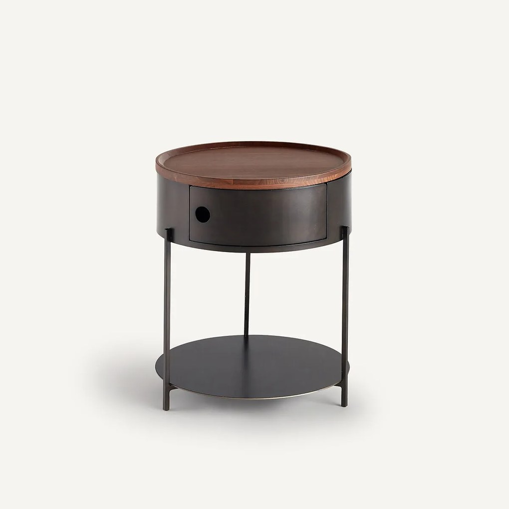 Nachtkastje van staalmetaal en massief notenhout, Talbingo