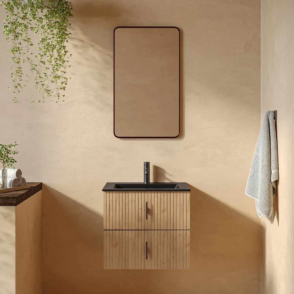 Muebles Marbella badmeubel ribbelfront 60cm warm eiken met zwarte wastafel met kraangat