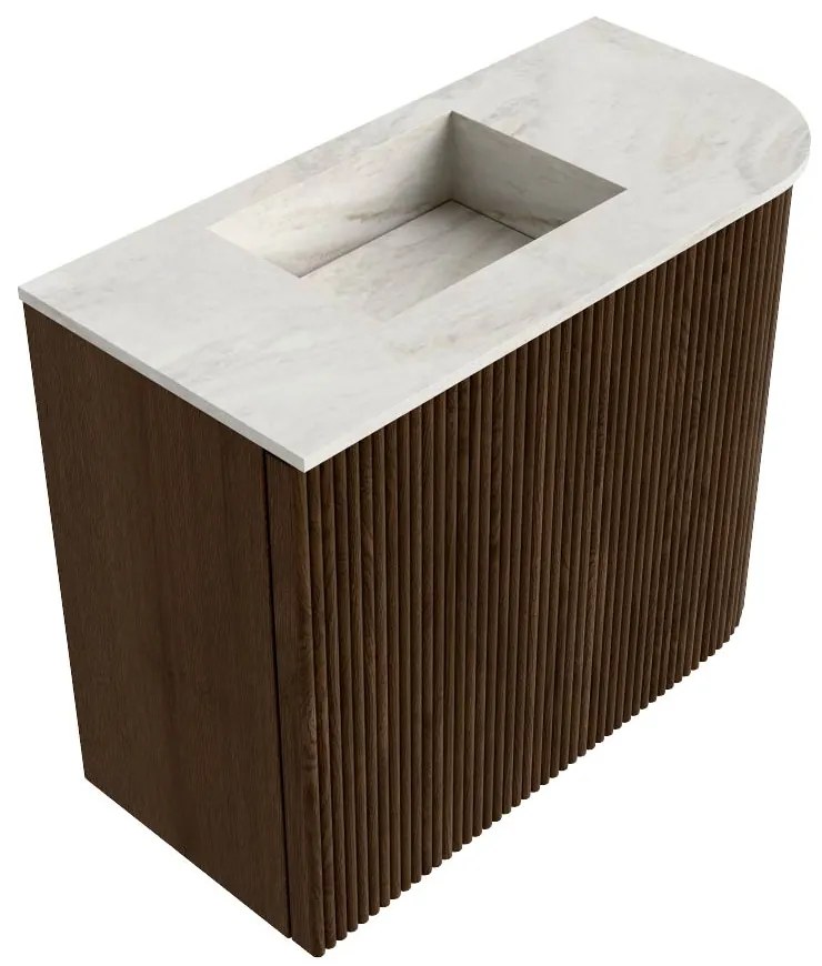Mondiaz Joya DLux 50cm toiletmeubel ronding rechts walnut met wastafel faye links 1 kraangat ostra