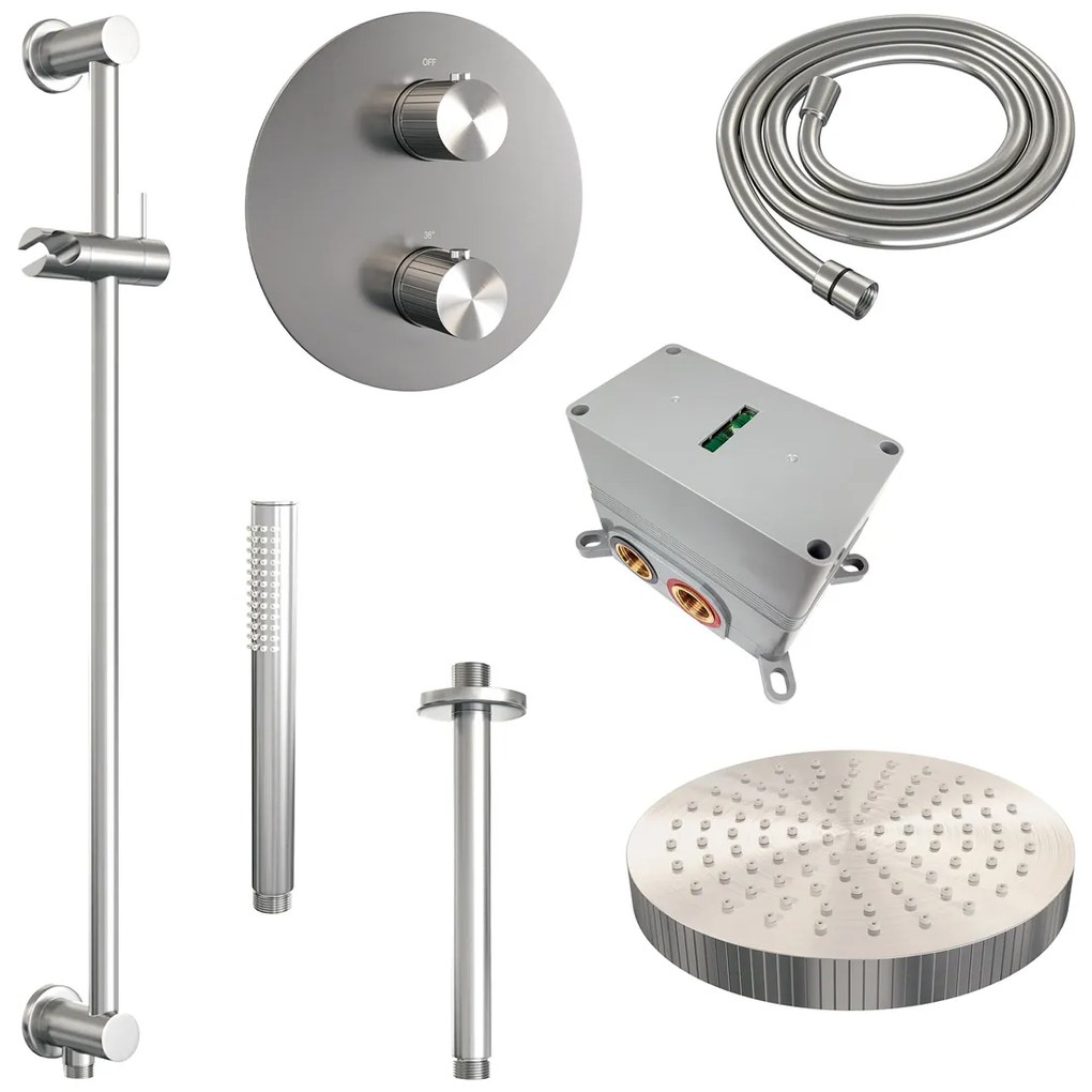 Brauer Stripe inbouw regendouche rond met 25cm hoofddouche, rond met plafondarm, glijstang en staafhanddouche set 45 RVS geborsteld PVD