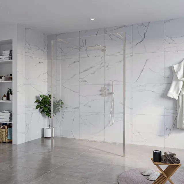 Fortifura Galeria Vrijstaande Inloopdouche - 140x200cm - Helder - antikalk - 8mm veiligheidsglas - 2 zijwanden 30cm - wandsteunen en hoekprofielen - Geborsteld RVS PVD (RVS) SW927769 2x/SW797916/SW797909 2x/SW798730 2x
